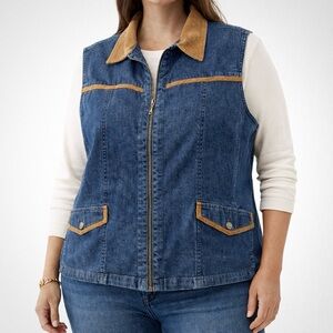 Denim Corduroy Trim Casual Preppy Neutral Classic Jean Layering Vest [size 2X]